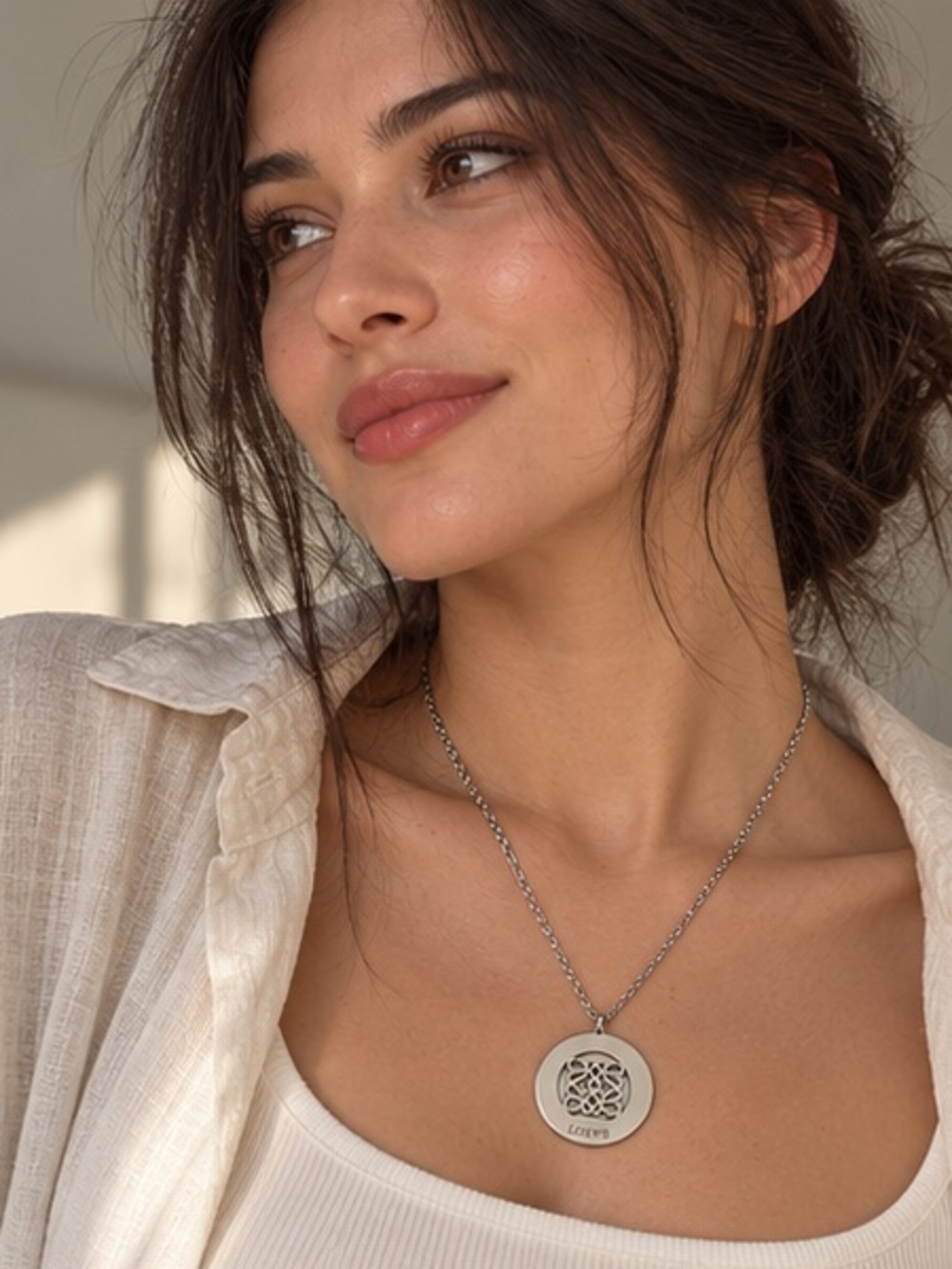Designer Inspired Silver Round Openwork Medallion Pendant Necklace Waterproof